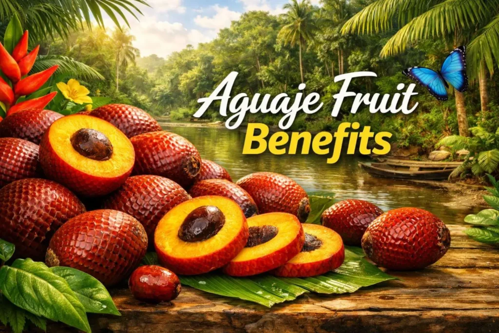 Banner image of fresh and sliced aguaje fruit with text ‘Aguaje Fruit Benefits’ and Amazon rainforest background.
