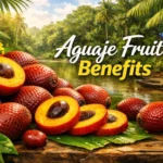 Banner image of fresh and sliced aguaje fruit with text ‘Aguaje Fruit Benefits’ and Amazon rainforest background.