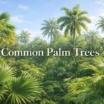 Common palm trees in tropical landscape with fan and feather palms