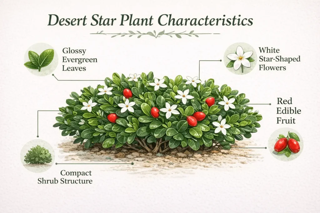 Infographic showing desert star plant features including glossy leaves, white flowers, and edible red fruit.