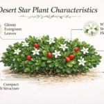 Infographic showing desert star plant features including glossy leaves, white flowers, and edible red fruit.