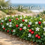 Desert star plant hedge with glossy leaves, white flowers, and red fruit growing in a coastal garden landscape.