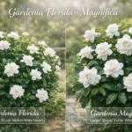 Gardenia florida vs magnifica comparison showing differences in flower size and plant growth.