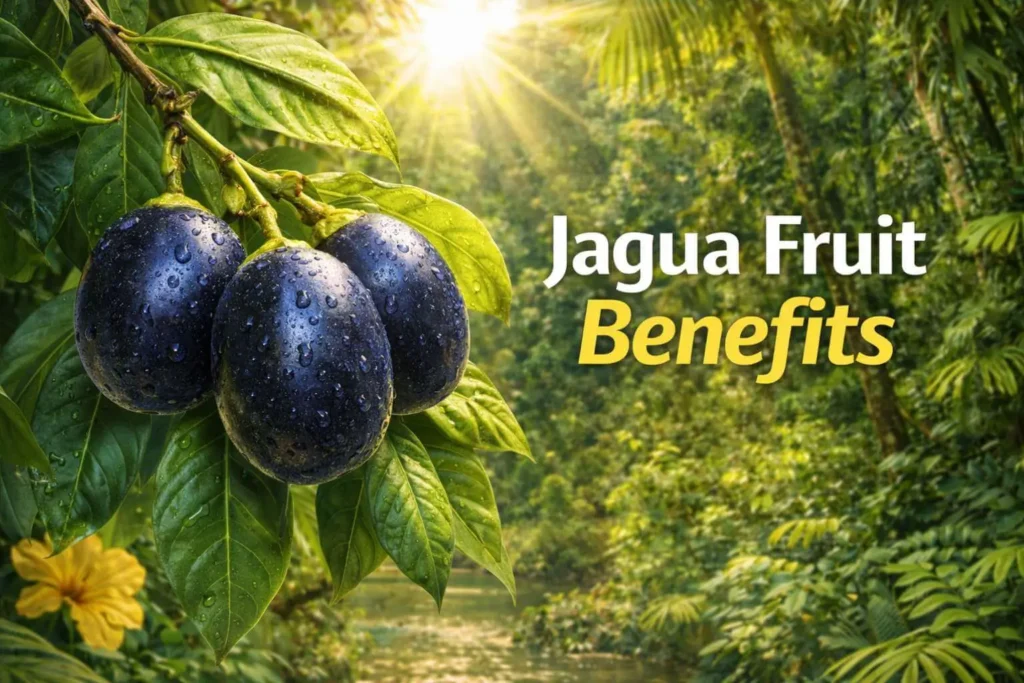 Jagua fruit benefits banner showing fresh Genipa americana fruit on tropical leaves with text overlay.