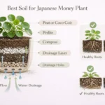 Best soil mix for Japanese money plant infographic showing peat, perlite and compost for healthy drainage