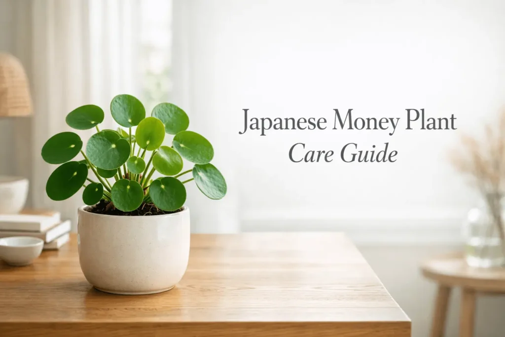 Japanese money plant care guide banner showing Pilea peperomioides with round coin-shaped leaves in a bright indoor setting
