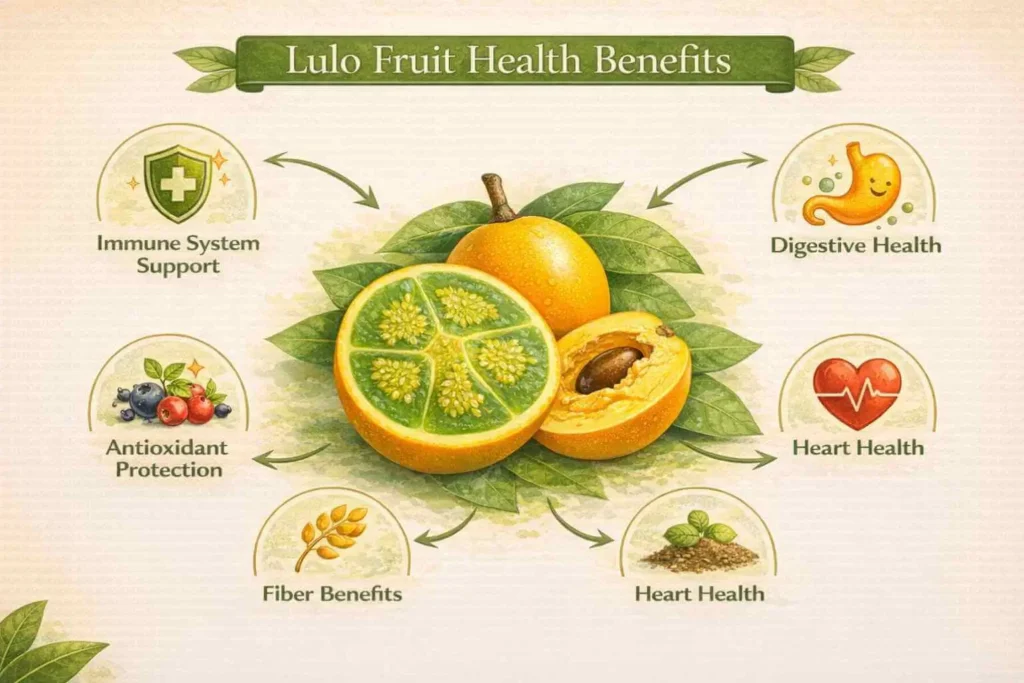 Infographic explaining major health benefits of lulo fruit including immune support, digestion and heart health