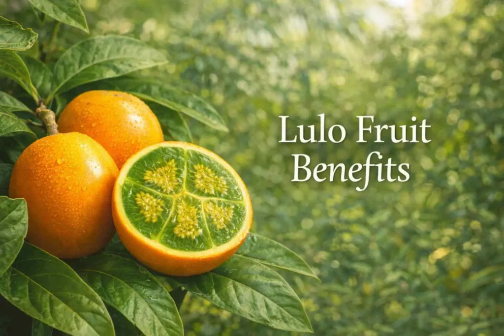 Lulo fruit benefits banner showing Solanum quitoense fruit cut open with green pulp and tropical leaves