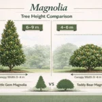 Tree size comparison infographic showing mature height of little gem magnolia vs teddy bear magnolia.