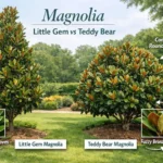 Magnolia little gem vs teddy bear comparison showing two evergreen magnolia trees side by side highlighting growth habit and foliage differences.