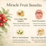 Miracle fruit benefits infographic showing low sugar diet support antioxidants and taste perception effects of miracle berries.