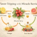 Flavor tripping infographic showing lemons grapefruit vinegar and sour berries tasting sweet after miracle fruit.