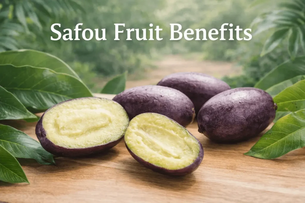 Safou fruit benefits banner showing African pear with purple skin and creamy pulp