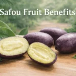 Safou fruit benefits banner showing African pear with purple skin and creamy pulp