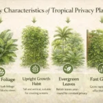 key characteristics of tropical privacy plants including dense foliage evergreen growth and upright screening plants