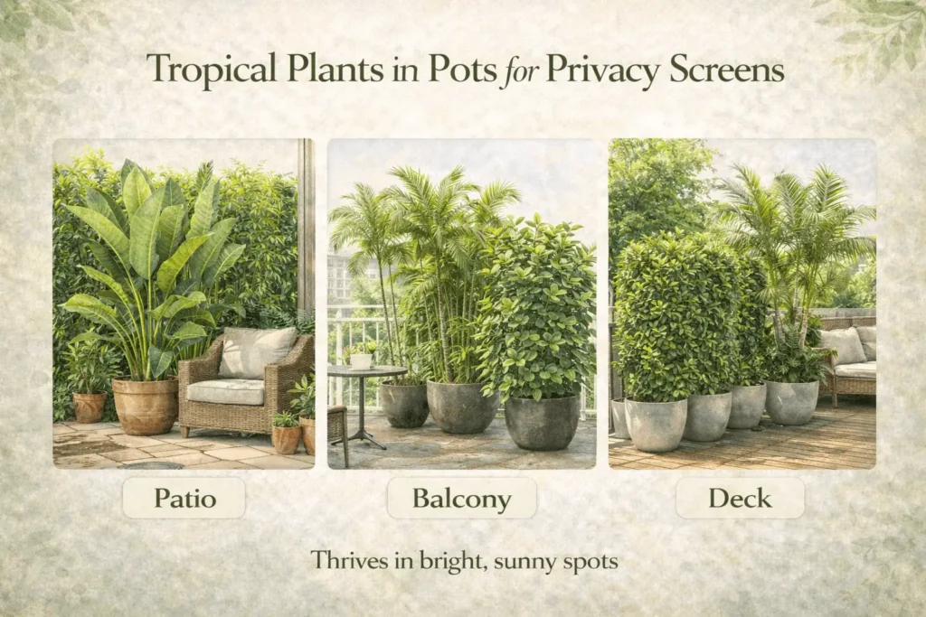 tropical potted plants used as patio and balcony privacy screens