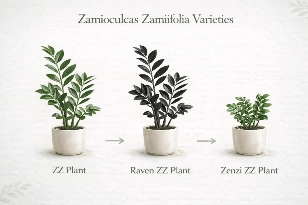 Infographic comparing ZZ plant varieties including Raven ZZ plant and Zenzi cultivar