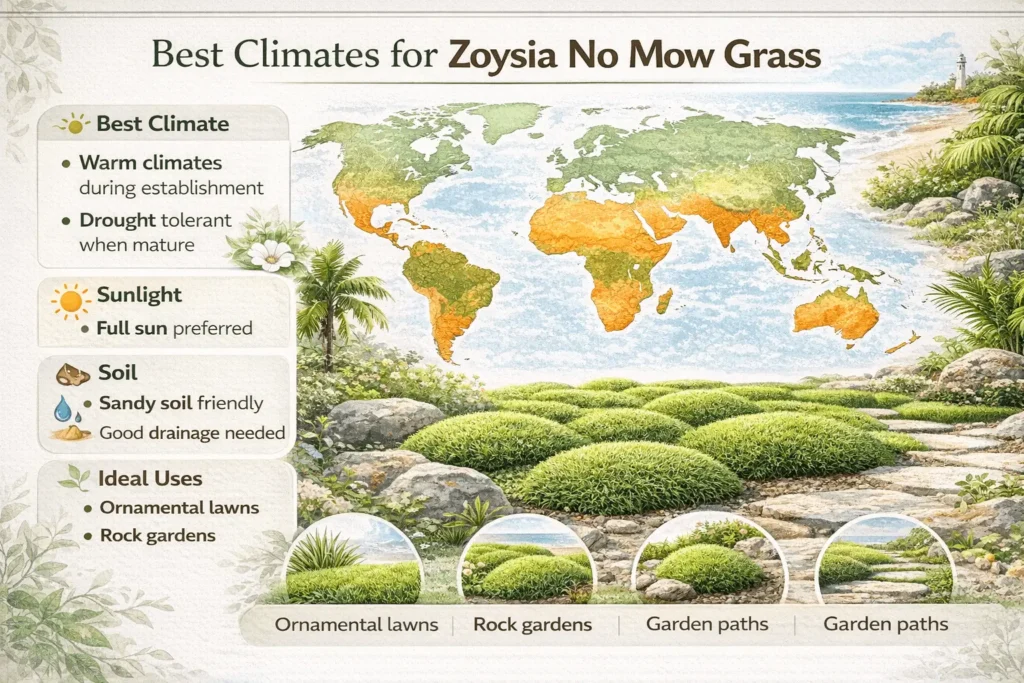 Infographic showing climates and environments where zoysia no mow grass grows best