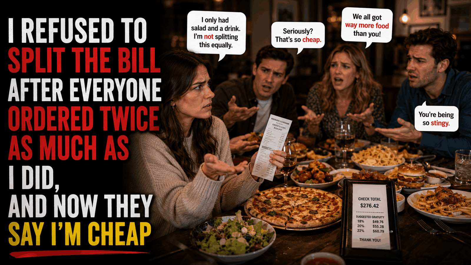 I Refused to Split the Bill After Everyone Ordered Twice as Much as I Did, and Now They Say I'm Cheap